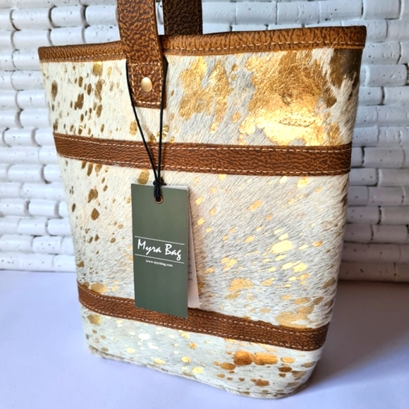 Myra Bag Leather Cotton Carve Gold Tan Cream Unique Medium Tote Bag Handbag - Picture 5 of 16